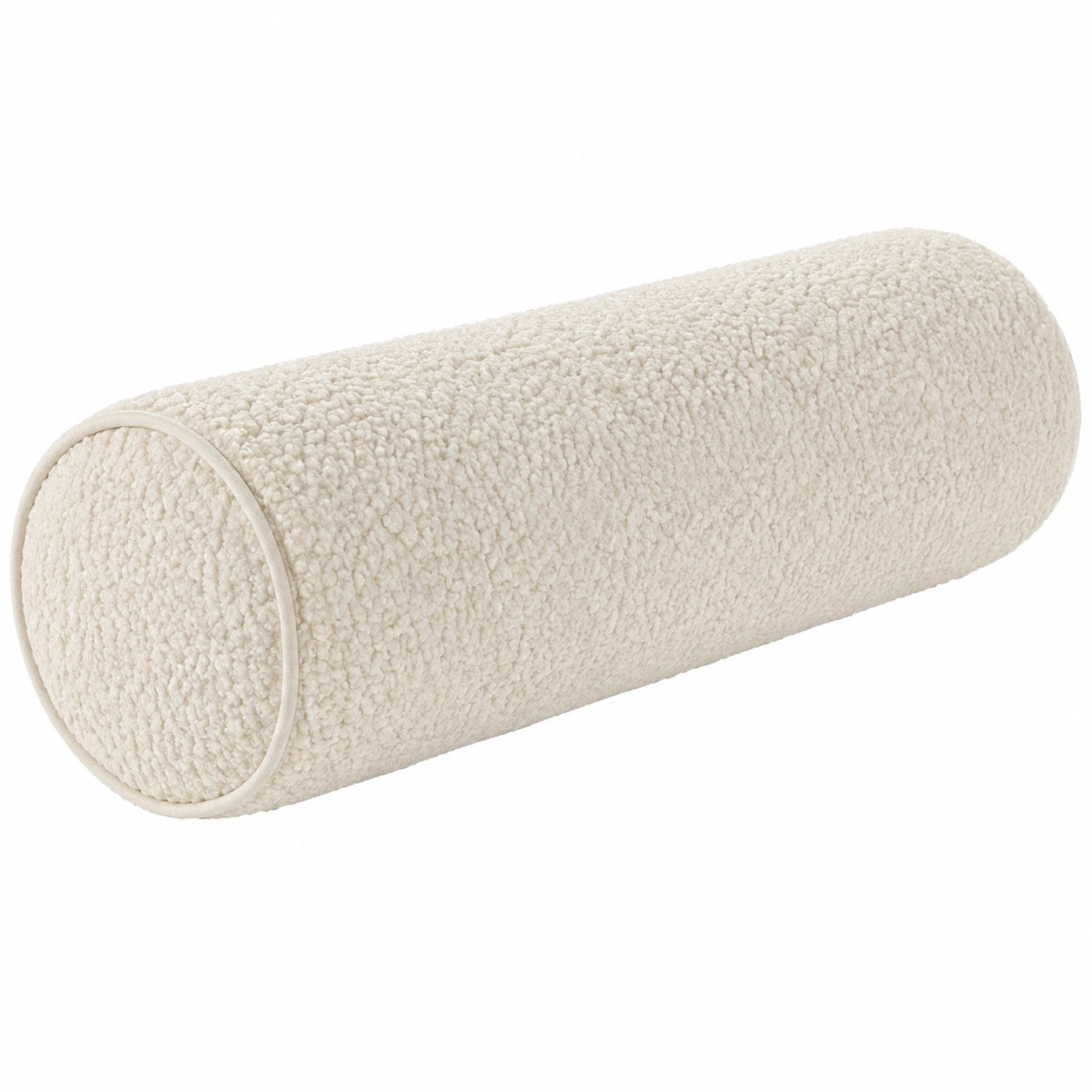 Cuscino cilindrico 20 x 50 cm in tessuto bouclé avorio per arredo moderno