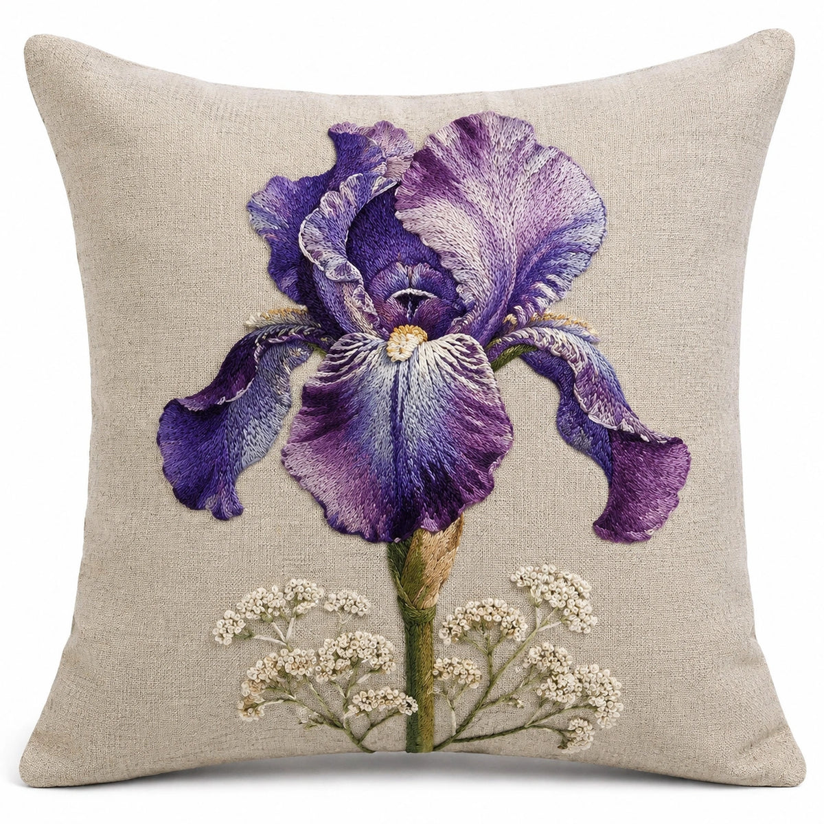 Cuscino decorativo 45 x 45 cm in tessuto beige con ricamo iris viola - stile floreale