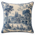 Cuscino decorativo quadrato 45 x 45 cm in tessuto beige e blu motivo paesaggistico stile classico