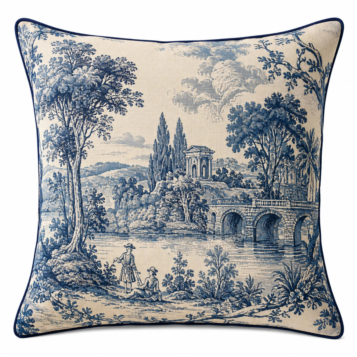 Cuscino decorativo quadrato 45 x 45 cm in tessuto beige e blu motivo paesaggistico stile classico