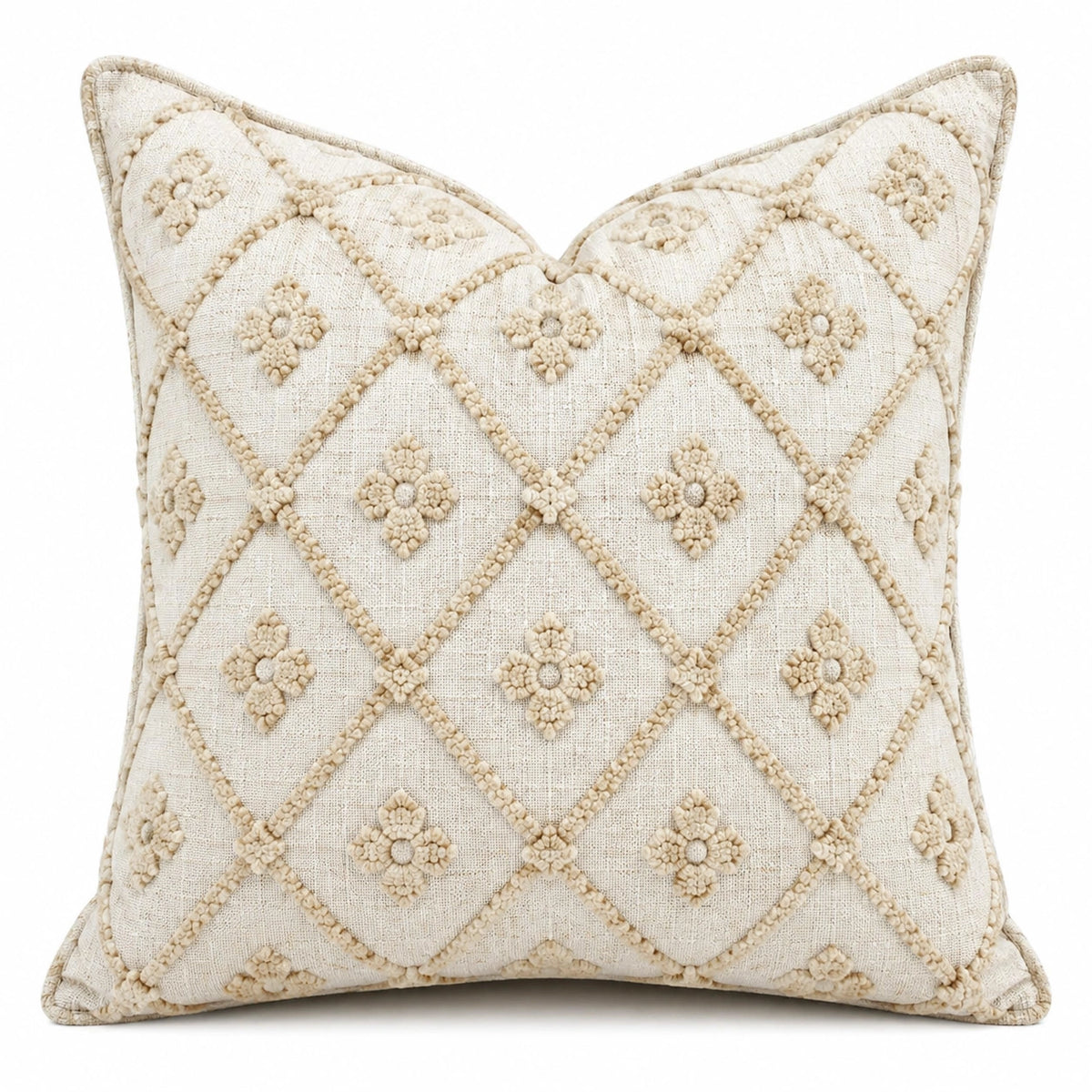 Cuscino decorativo quadrato 45 x 45 cm in cotone beige con ricamo geometrico boho