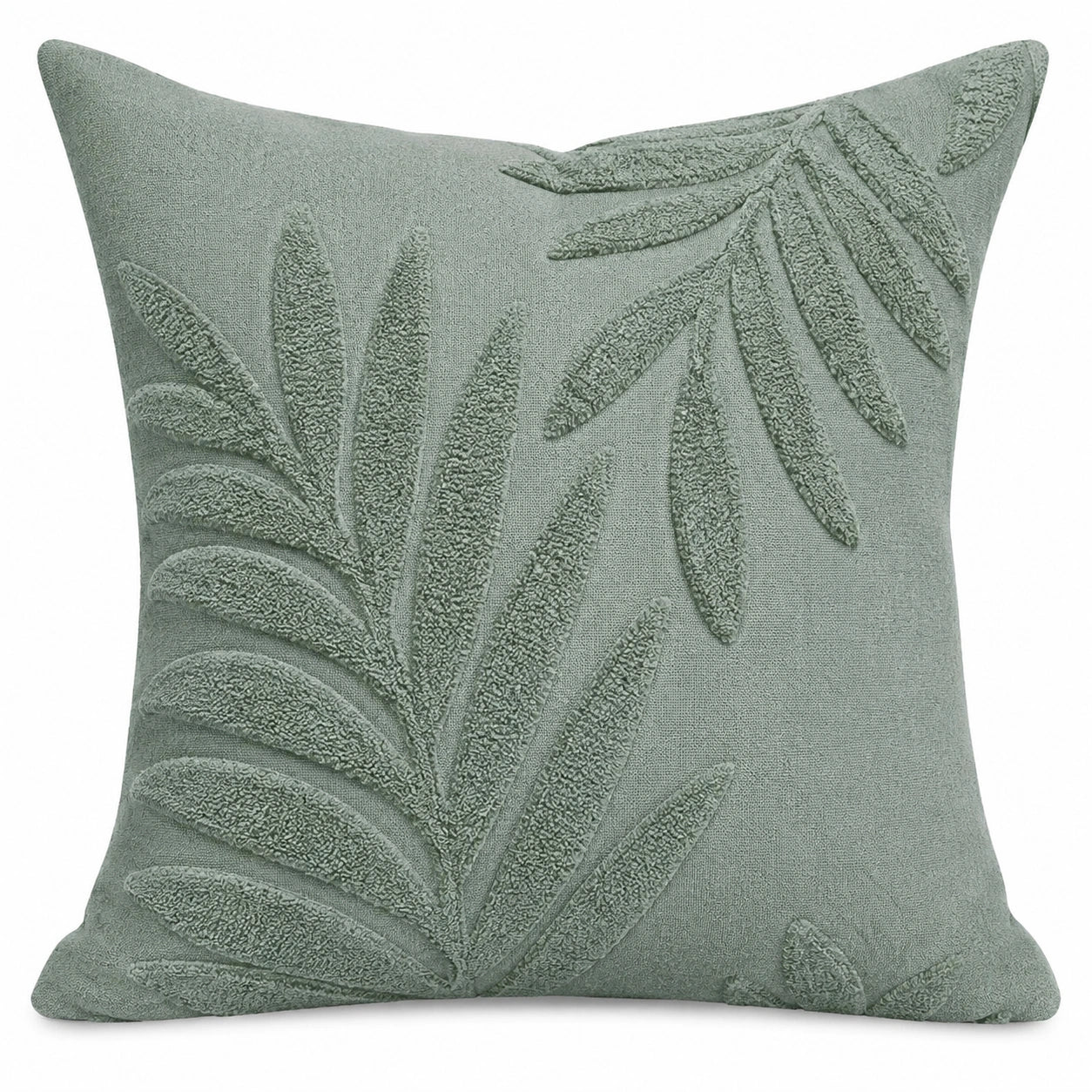 Cuscino decorativo 45 x 45 cm verde salvia in tessuto con motivo foglie in rilievo