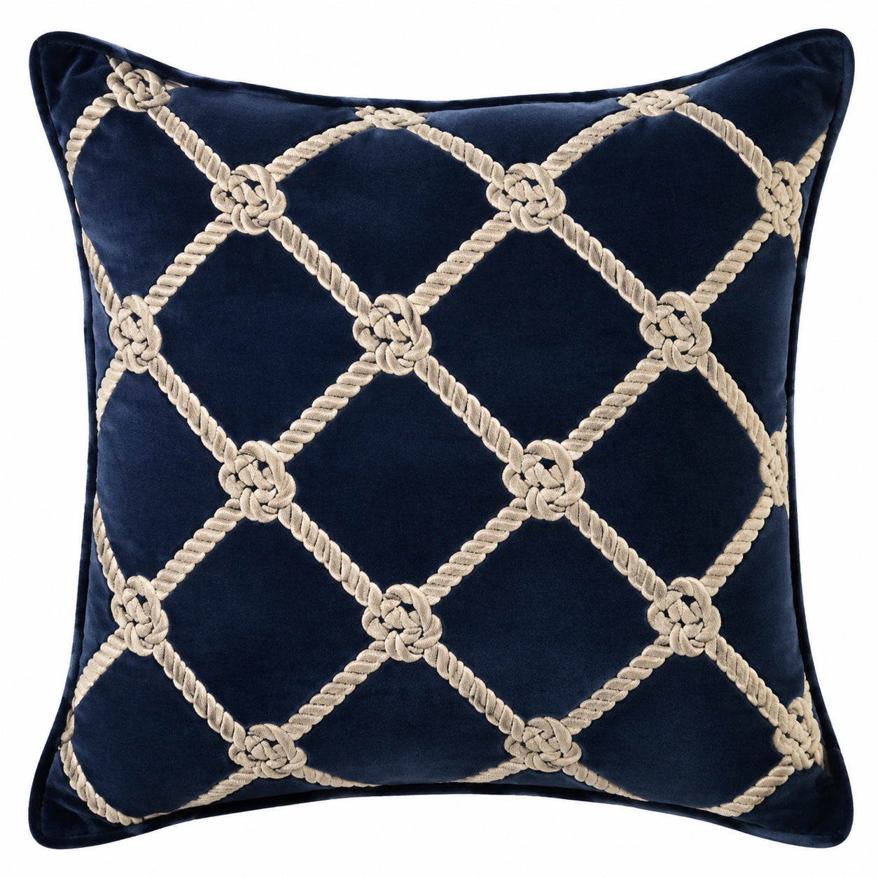 Cuscino decorativo 45 x 45 cm in velluto blu navy con cordoncino beige stile classico