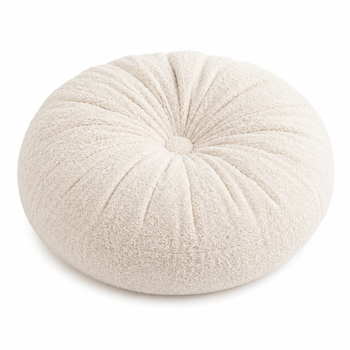 Cuscino decorativo rotondo 45 cm in tessuto bouclé avorio con pieghe